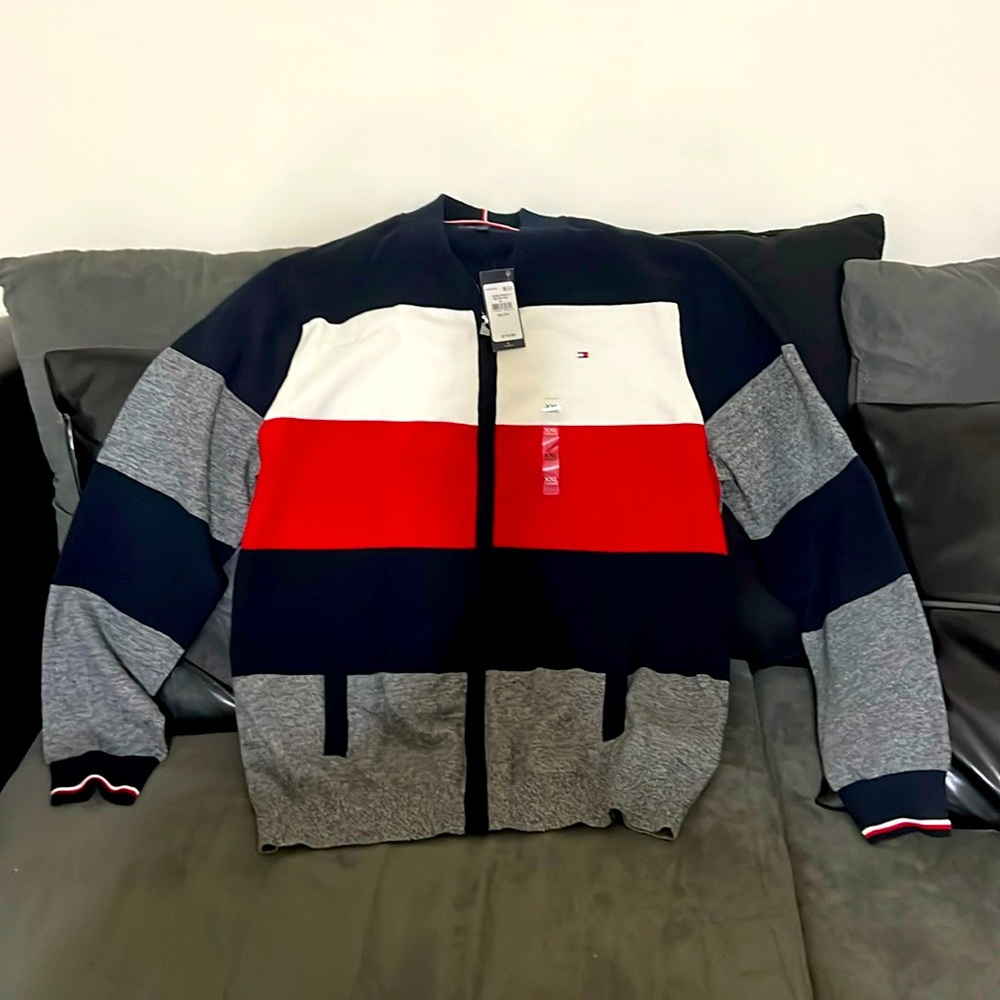 Red white and blue XXL in men’s. Cardigan style zipper up. By Tommy Hilfiger.